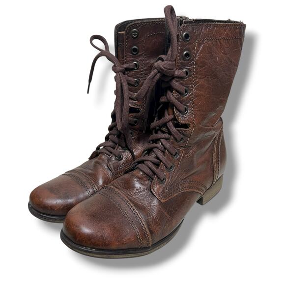 Steve Madden Troopa Combat Style Boots Size 7 Brown Lace Up Leather Military - Picture 1 of 12